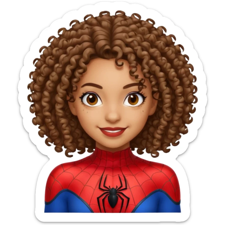 Lightskin girl with curly hair, eyebrow piercing in left side, wearing a spider man costume sticker