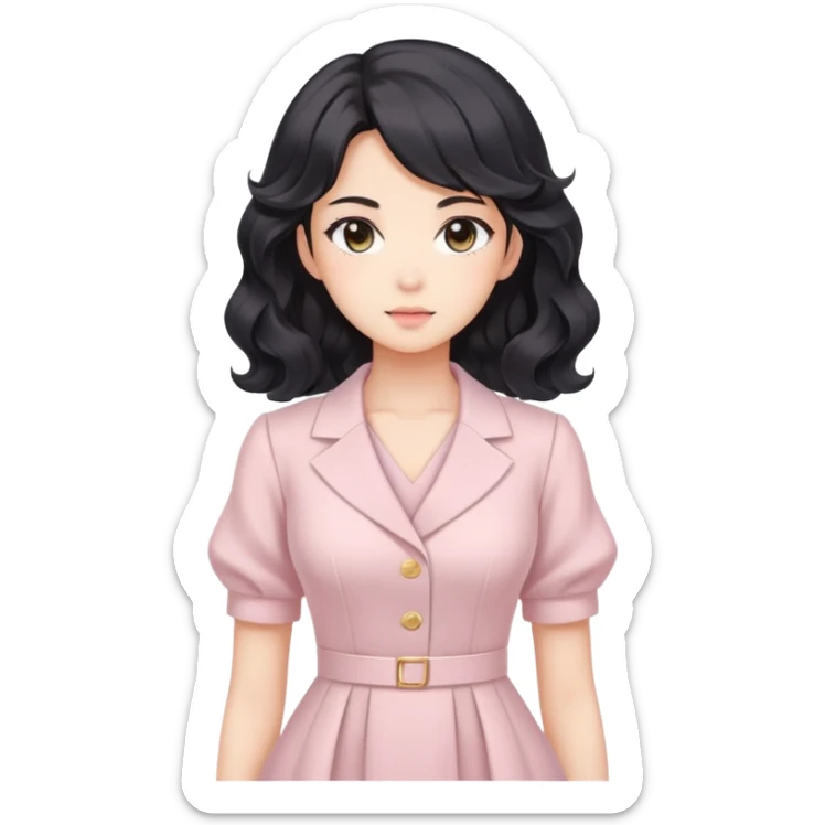 Confident kawaii anime businesswoman with beautiful black wavy hair wearing a soft feminine pastel dress, future boss lady sticker