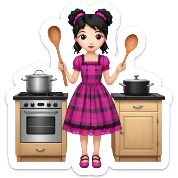 
A beautiful girl wears a fuchsia lace dress with a plaid pattern. Her long, curly black hair is styled in a messy bun. She wears accessories and holds a wooden kitchen spoon. She is standing and wearing black shoes. The illustration style is clipart. sticker