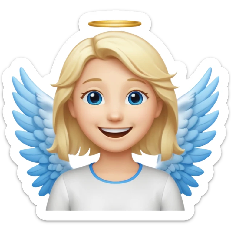 angel emoji blonde hair, blue eyes and smiling, larger wings with darker outline on them and bigger smile and more smiley eyes laughing sticker