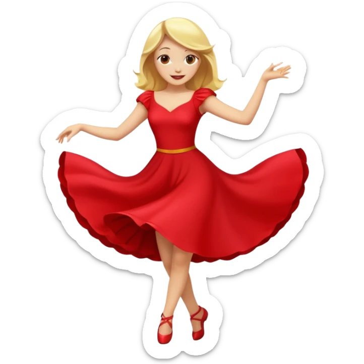 a yellow-blonde woman dancing wearing a red dress, in flat emoji / Apple style, smooth shapes, glossy highlights, bright saturated colors, simple features, minimal details, no outlines, red clothes flowing, joyful pose sticker