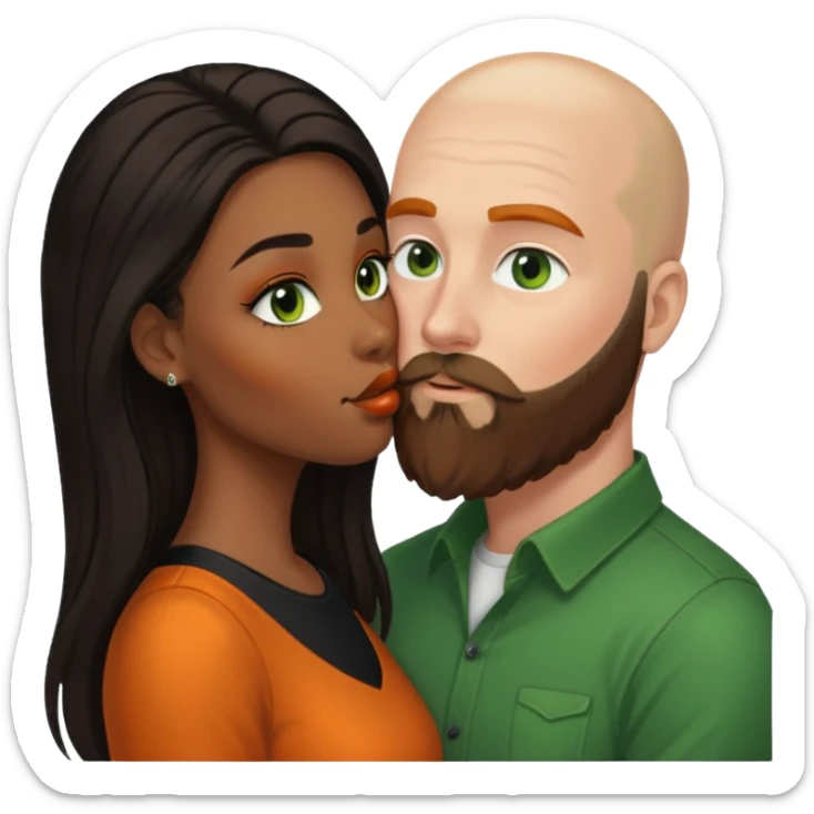 ebony black women with long balayage brown/black hair.  She is kissing bald white man. The White man is pale, green eyes has orange facial hair and long beard sticker