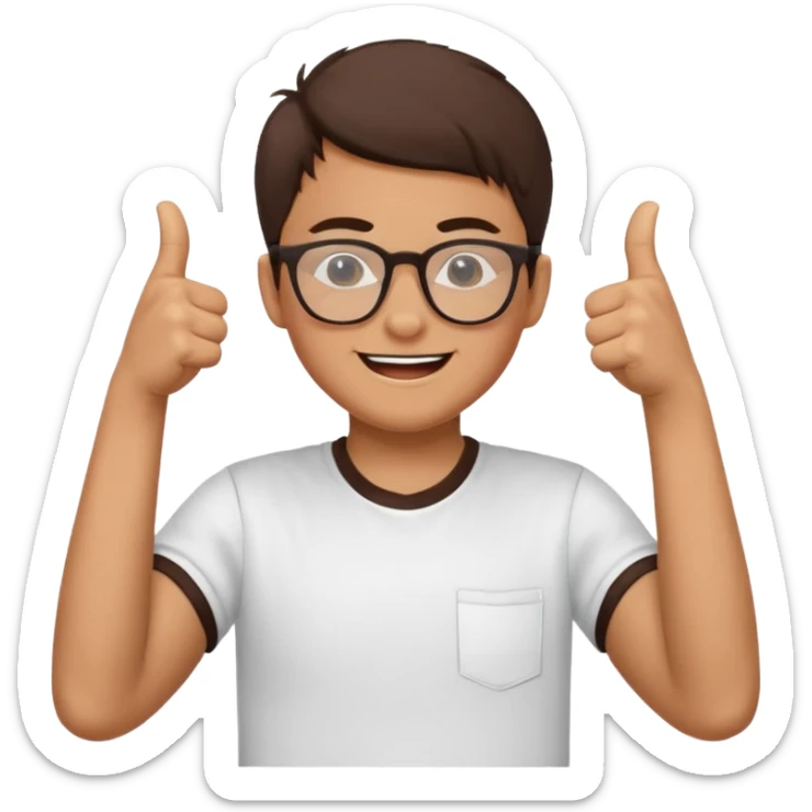 un estudiante que este parado con sus lentes guiñando el ojo y CON LAS MANOS HACIA ARRIBA DANDO LIKE sticker