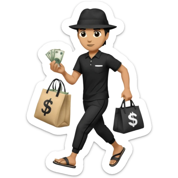 Make a man wear a black pant and he shirt is balck line and white line and wear a black hat and he holding a money bag and he running he wear a black eye thing no money in the Left hand and he yellow and the money bag in the right he wear a flip flop like this is Money bag 💰 NO MONEY sticker