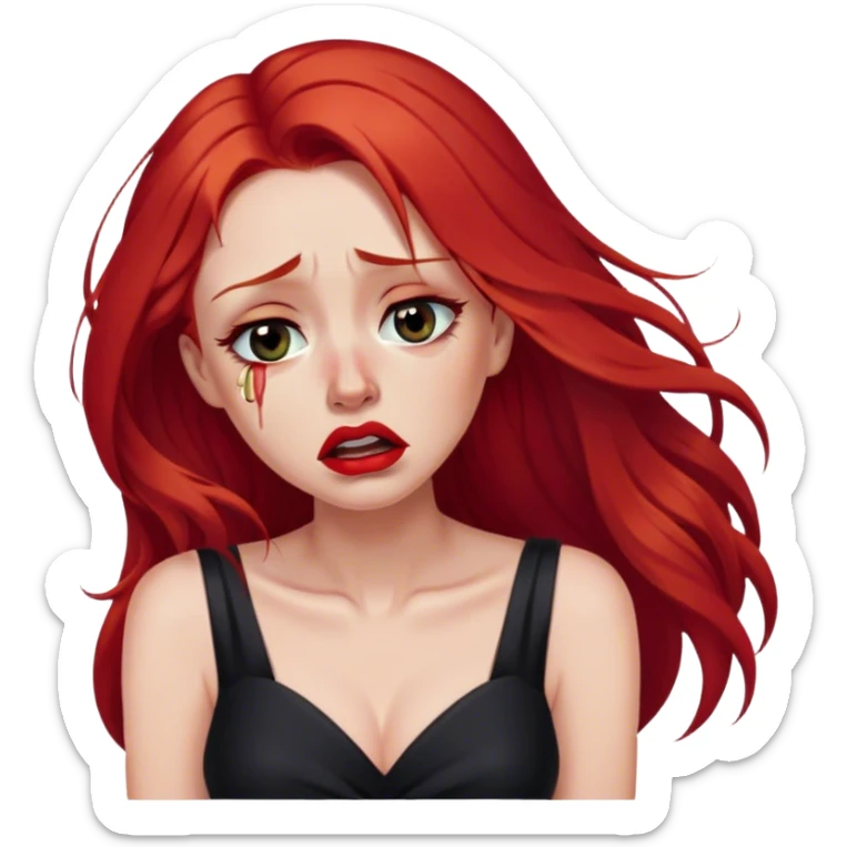 a crying woman with long red hair and red eyes. The woman wear a black little cutted dress. She have red lipstick and she have a seductive look. She cryed tears  sticker