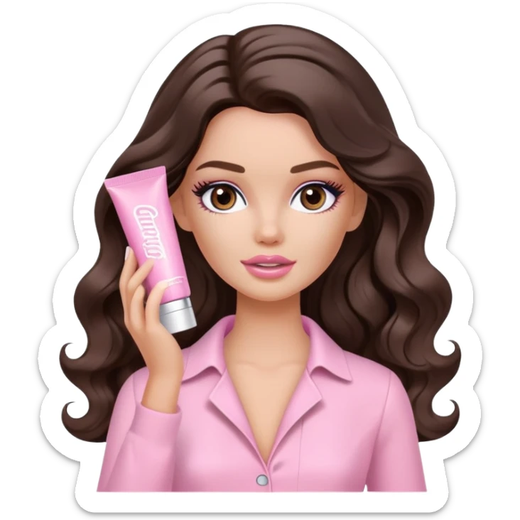 A white Barbie girl with long dark brown wavy hair in pale pink clothes smears by hand cosmetic cream on her face sticker