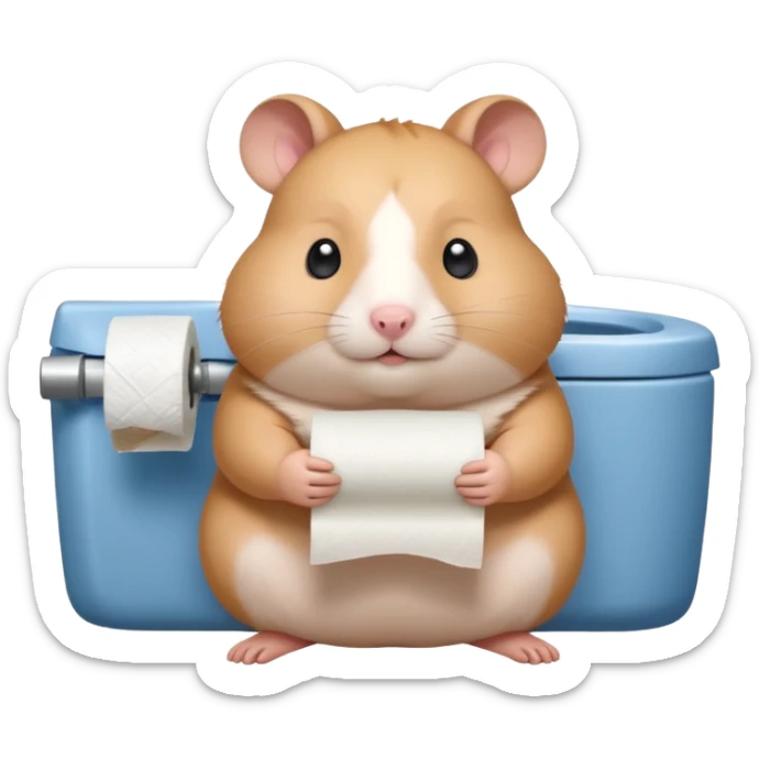 Cute chubby cartoon-style hamster sitting on toilet holding toilet paper looking as if he had an accident, sticker-style illustration sticker