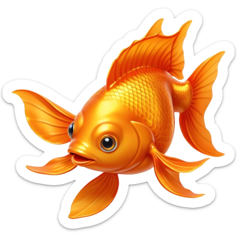 Cinematic Cute Orange Goldfish Portrait Emoji, Head tilted playfully and inquisitively, featuring a glossy, vibrant orange body with delicate, flowing fins, round, sparkling golden eyes filled with curiosity, Simplified yet irresistibly adorable features, highly detailed, glowing with a warm, friendly glow, high shine, affectionate and lively, stylized with a touch of whimsy, bright and endearing, soft glowing outline, capturing the essence of a mischievous yet loving goldfish, so playful it feels like it could swim out of the screen and into your heart! sticker