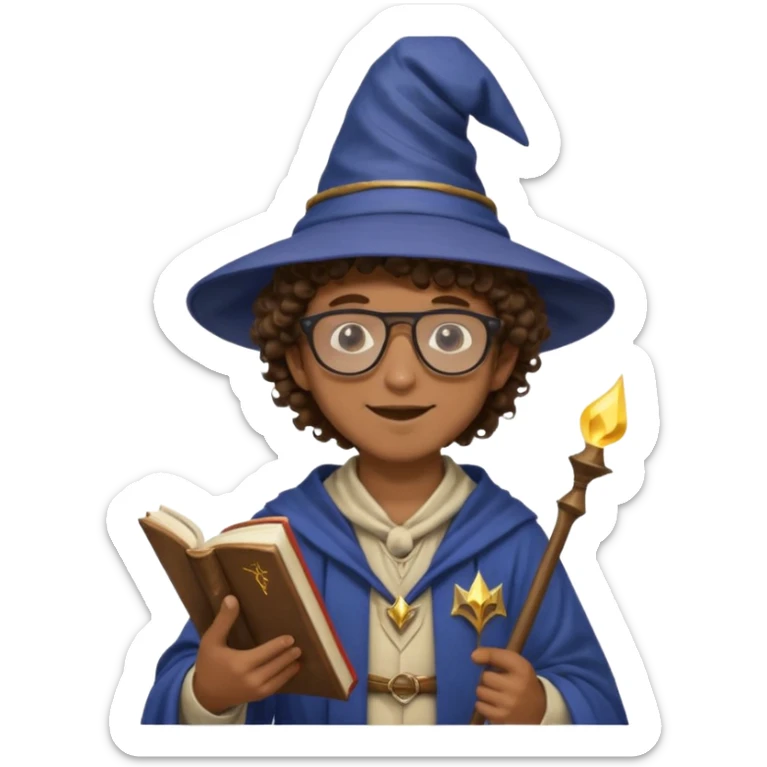 A Joyful Teen Male with Brown skin and Curly hair, wearing a Traditional outfit, a Wizard hat, Sunglasses, carrying a Spellbook, working as a farmer, while drinking Coffee and reading a Textbook. sticker