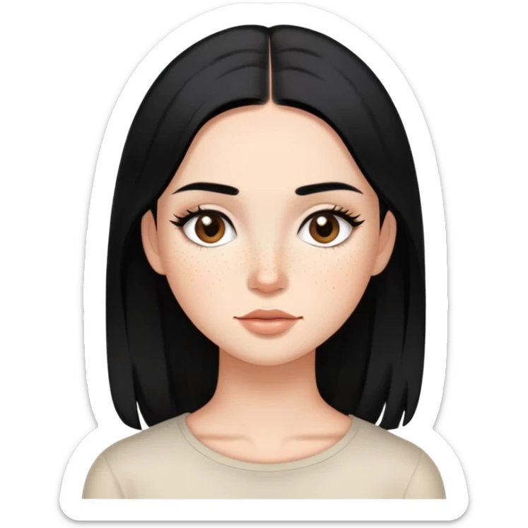 woman with silky straight black hair, subtle makeup, and cute freckles sticker