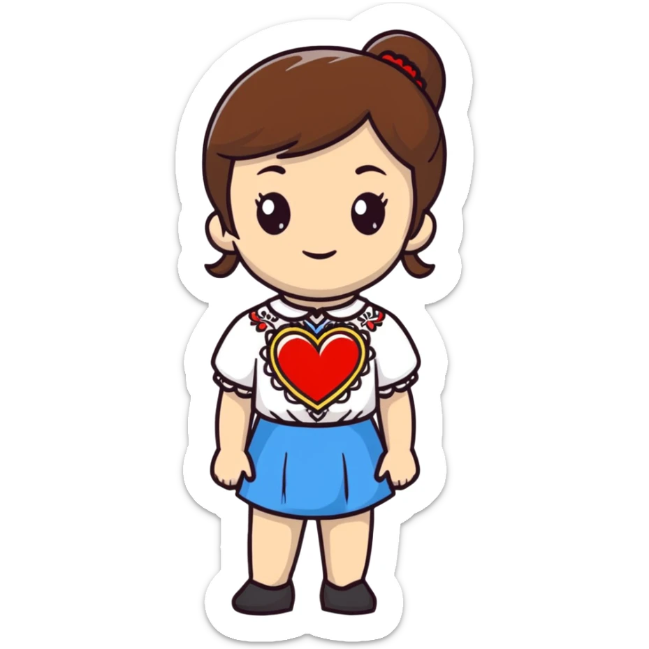 beautiful young girl with brown hair wearing a white Ukrainian embroidered shirt with a big heart design sticker