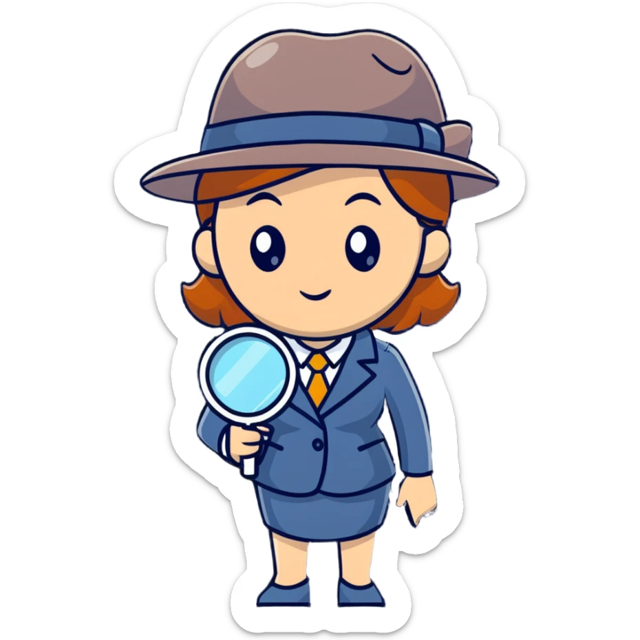 businesswoman with a detective hat and magnifying glass, looking closely at something sticker
