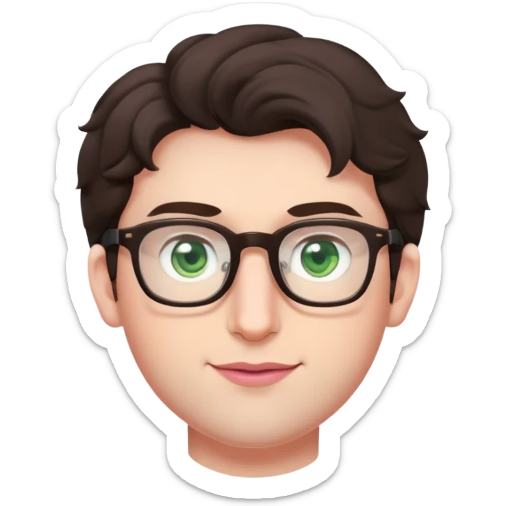 Young man with slightly curled dark brown poofy hair, green eyes wearing glasses, wide face with eyes set apart, bigger ears, very pale skin, slightly bigger nose, fuller darker pink lips with a smile, and very light stubble sticker