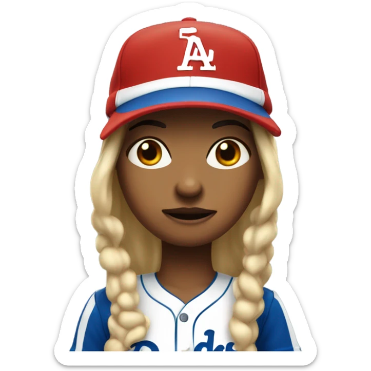 Girl with blue strip in hair angry wearing red dodgers hat sticker