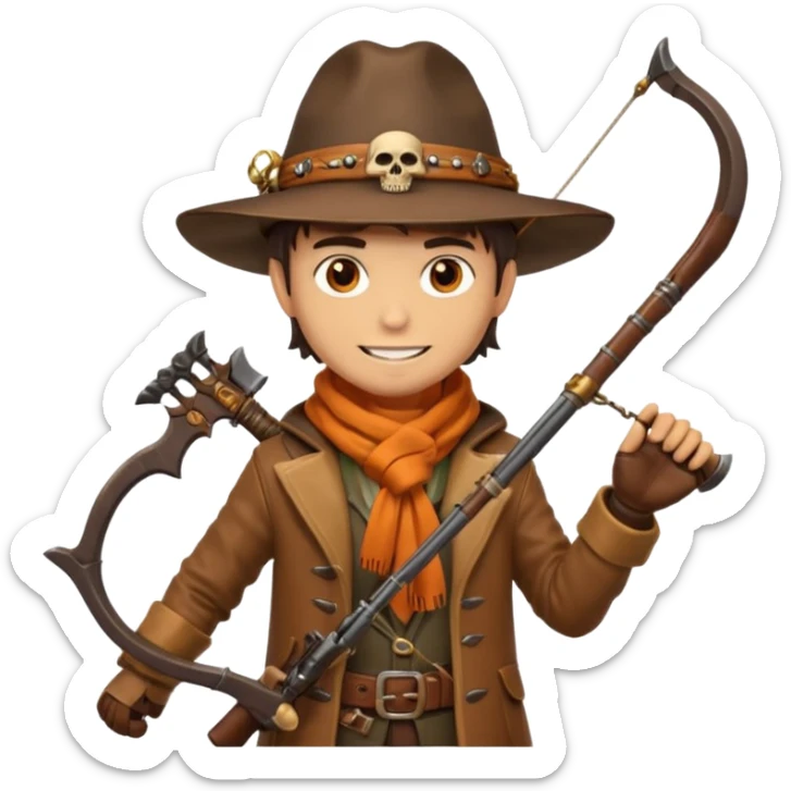 male human monster hunter emoji, wearing brown leather coat and wide hat, holding crossbow or rifle, with amulet shaped like skull, Halloween fantasy theme, confident smile, orange scarf, Apple emoji style, clean white background, square image sticker