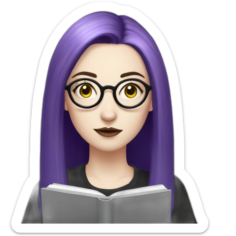 goth woman with long side parted purple hair and oval glasses, pale skin, taking notes on a tablet sticker
