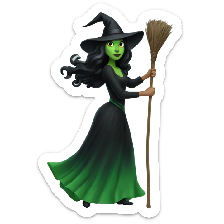 Beautiful Green witch with black hair and black dress dark on a flying broom stick  sticker