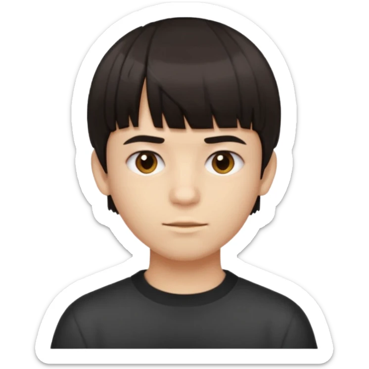 A boy no long hair À emoji that don’t smile Dark brown thick hair, short blunt fringe with straight bangs, compact textured top, evenly cut front, short tapered sides (not shaved), clean modern haircut, realistic emoji style, neutral expression. sticker