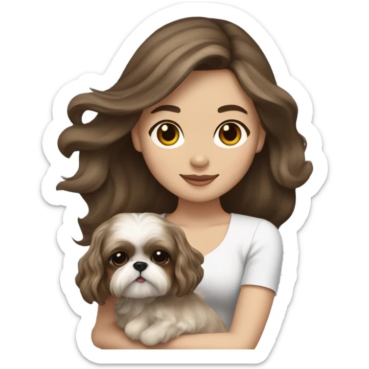 Young brunette hair woman with a cream shih tzu in her arms long wavy hair sticker