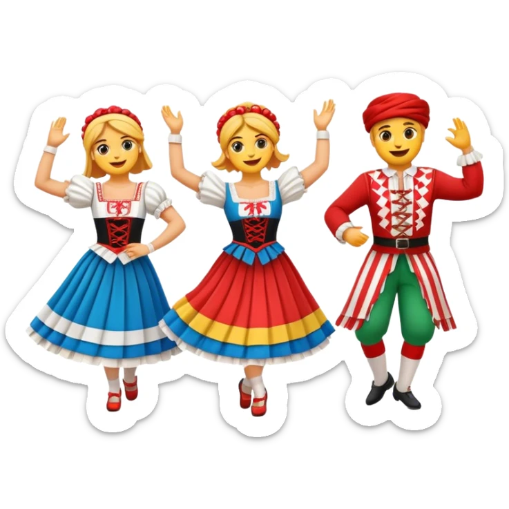 Cinematic Realistic Linđo Dance Emoji, depicted as a traditional Croatian folk dance with lively movements and colorful costumes, rendered with dynamic textures and vibrant festive lighting that captures its cultural vibrancy. sticker