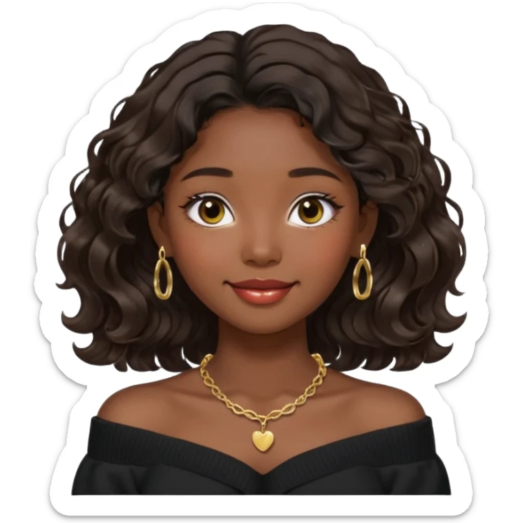 A South Korean girl with dark brown black wavy hair with middle part and layers. She is wearing a black off the shoulder long sleeve sweater, tiny gold hoop earrings and a dainty gold necklace. She is sweet and smiling with lips together sticker