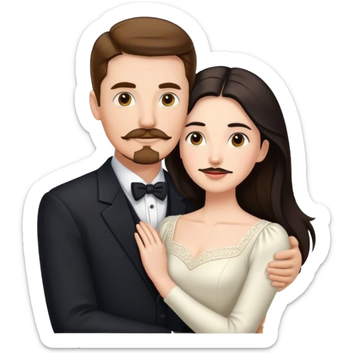 married couple portrait, tall white man with brown hair goatee mustache embracing a pale woman with long black hair, wearing formal clothing sticker