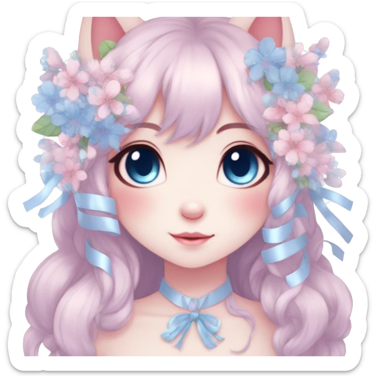 Anthro Cute Cool Blushing Pastel Innocent Shy Kawaii gorgeous sparkly ethereal fantasy anime animal creature with blue eyes furry sona with flowers and ribbons beautiful aesthetic sticker