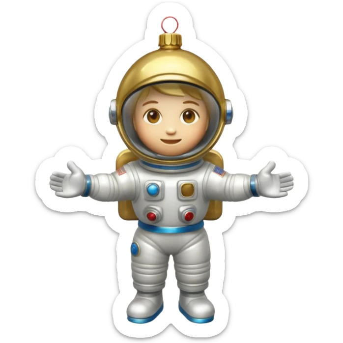Apple iOS style 3D emoji of a vintage Soviet glass Christmas ornament shaped like a little astronaut. Shiny metallic paint, iridescent glass reflections, slightly distressed gold details. High-end
3D render, nostalgic aesthetic, isolated on a solid white background, 8k. sticker