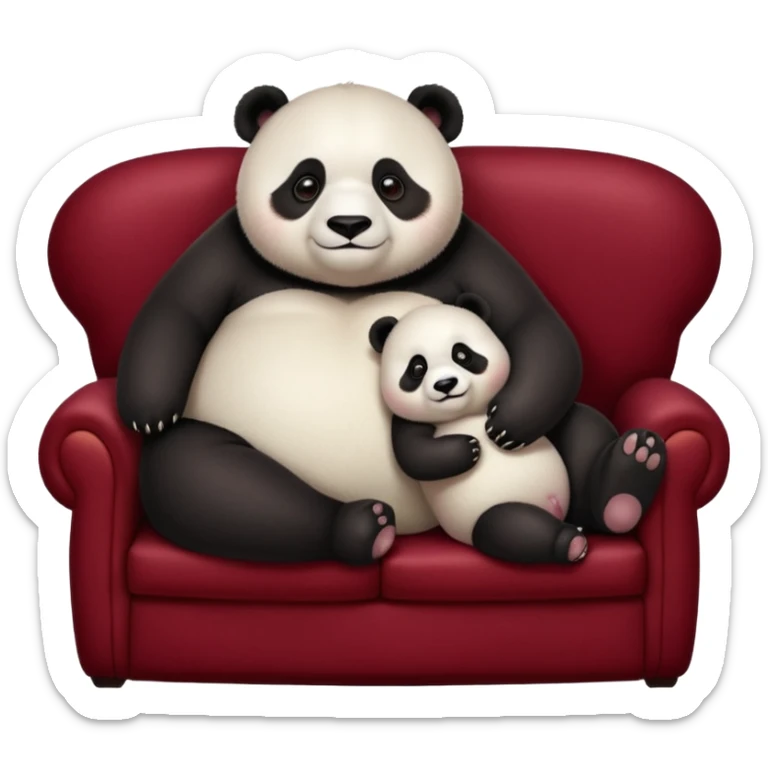 Cute overweight panda and baby snuggle on a realistic dark red velvet couch, which is too small for them. sticker