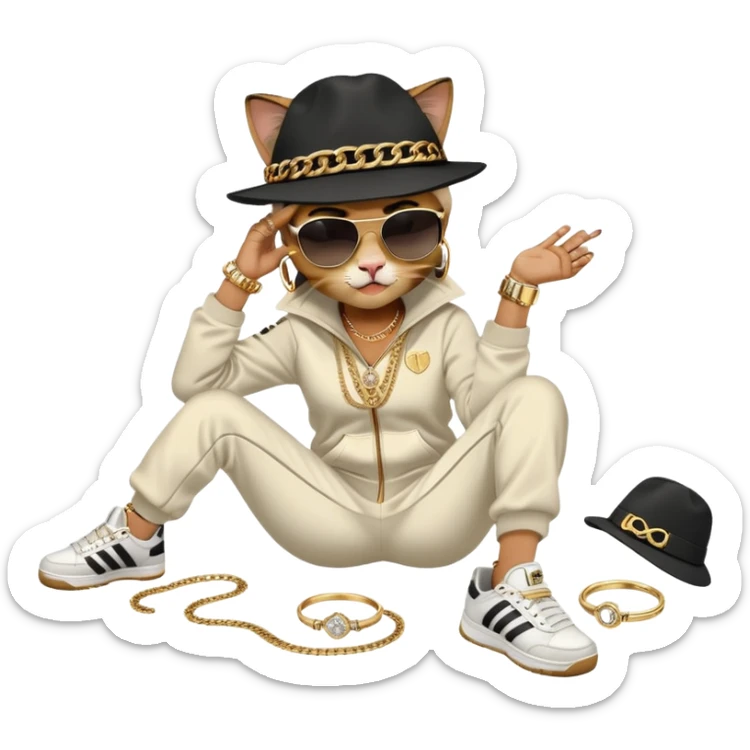 female cat dressed like Run DMC in tracksuit, fedora, Adidas shoes, dark sunglasses, lots of gold chains, rings, bracelets, earrings, lying on the ground after falling sticker
