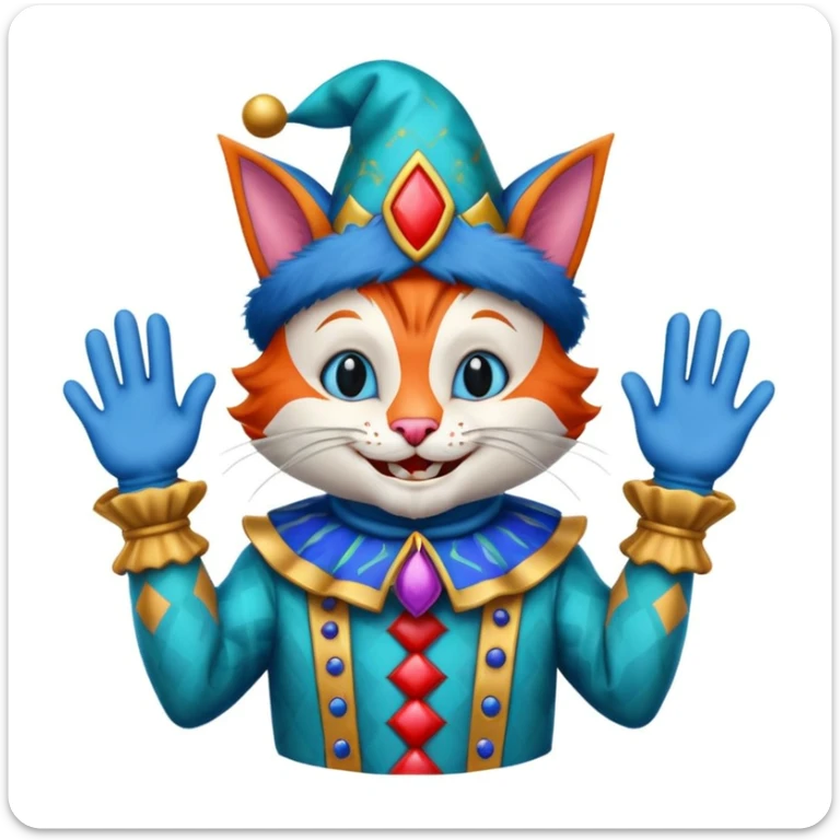 crazy colorful cute little cat jolly joker from poker, medieval, vintage, court jester, mac os squared icon, blue color sticker
