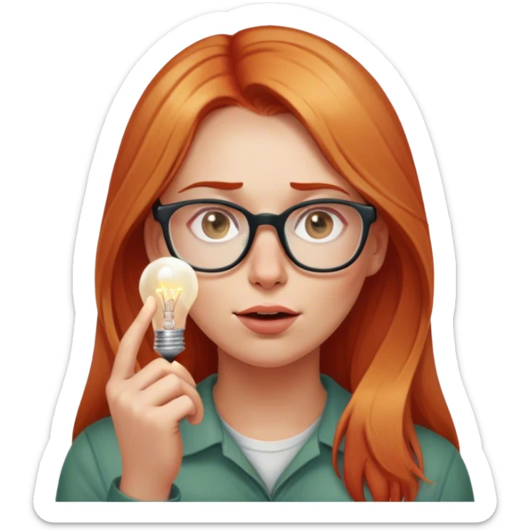 intelligent and clever, 30 year old, girl, long red and almost blond hair, glasses, has an idea, rubs her finger on the nose, light bulb over the head, casual cloth  sticker