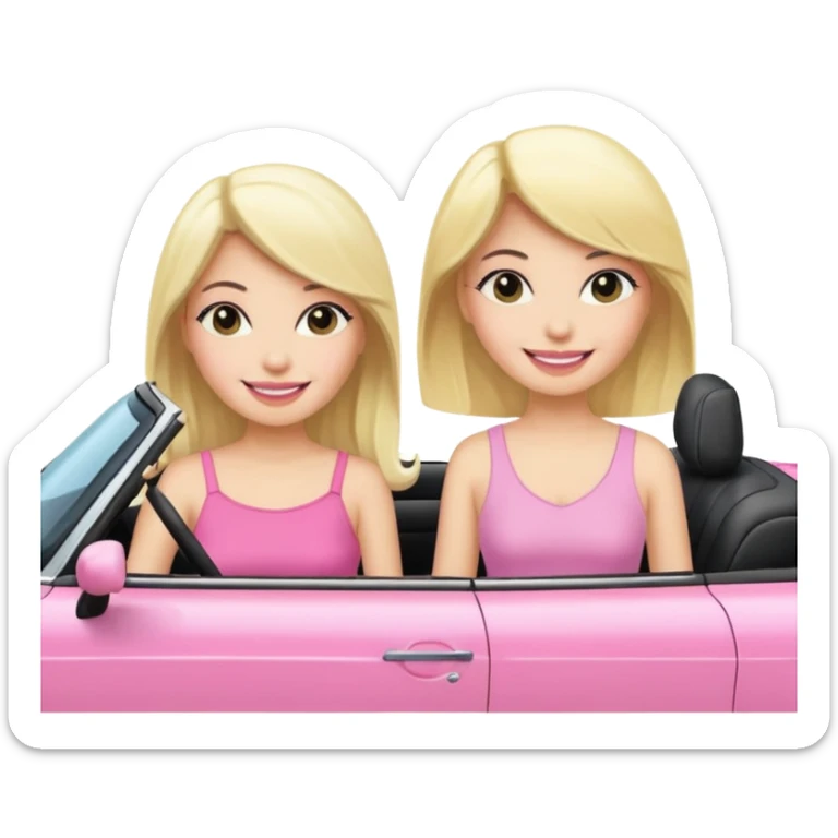 Best friends in pink convertible one blonde girl  one girl with black hair. Two best girl friends in car  sticker