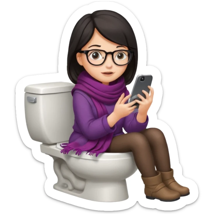 Fille châtain foncé avec lunettes. Elle porte une grosse écharpe. Elle est dans une cuvette de toilette. Téléphone en main. Realiste sticker