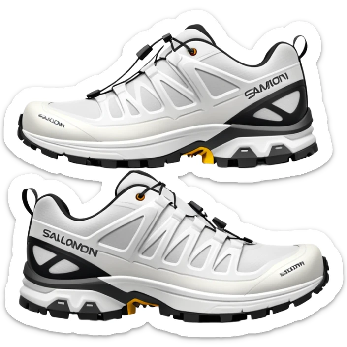 White Salomon XT-6 Gore-Tex trail running shoes, one positioned behind the other, simplified iOS emoji style, technical outdoor sneakers with trail sole, clean white colorway, minimalist design sticker