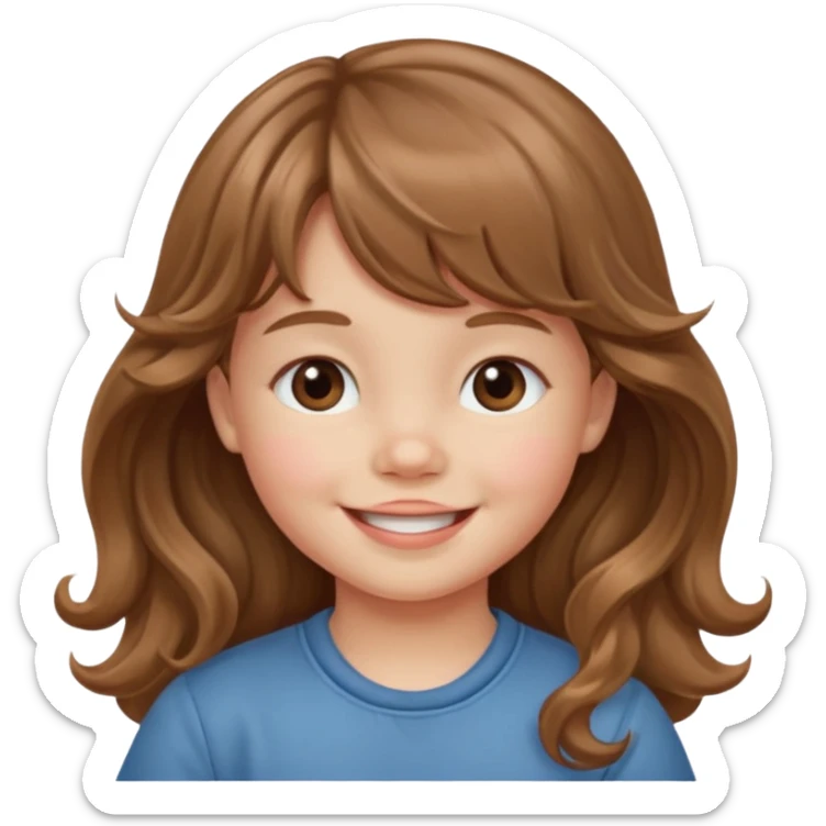 Please generate a portrait of a toddler with long, wavy, light brown hair, bangs. and is smiling

 sticker