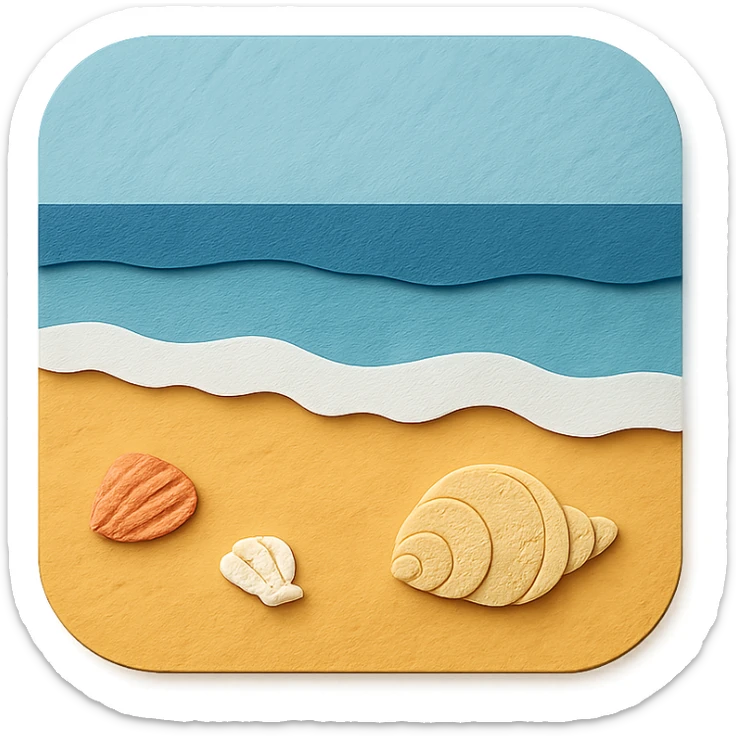 view of the ocean from the beach with sand, shells, and gentle waves in paper-craft style sticker