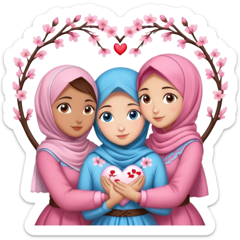 Four sister hugs Turkish girls beautiful finish Konya blue eyes with cherry blossom hijab and heart dress and hugs  sticker