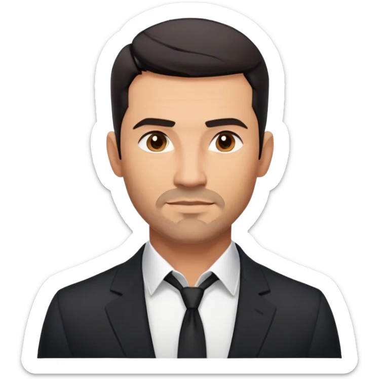 Handsome athletic man in his mid-40s with tan skin, short black hair with clear fade cut, 5 o'clock shadow facial hair, strong square masculine face, warm approachable expression, black blazer worn open, white buttoned shirt with collar unbuttoned, explicitly no tie sticker