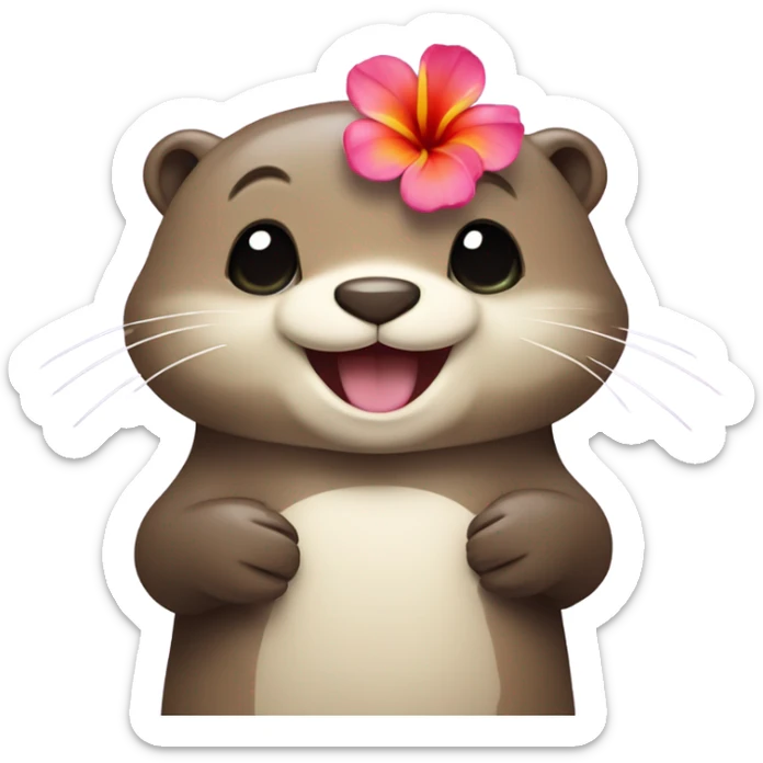 A happy and cute otter face with a Hawaiian flower tucked behind its ear, holding a heart. sticker