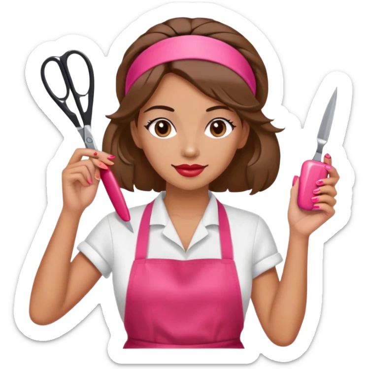Woman with hair styled in headband, wearing red apron, holding pink nail polish in one hand and scissors in other hand, beauty salon worker sticker