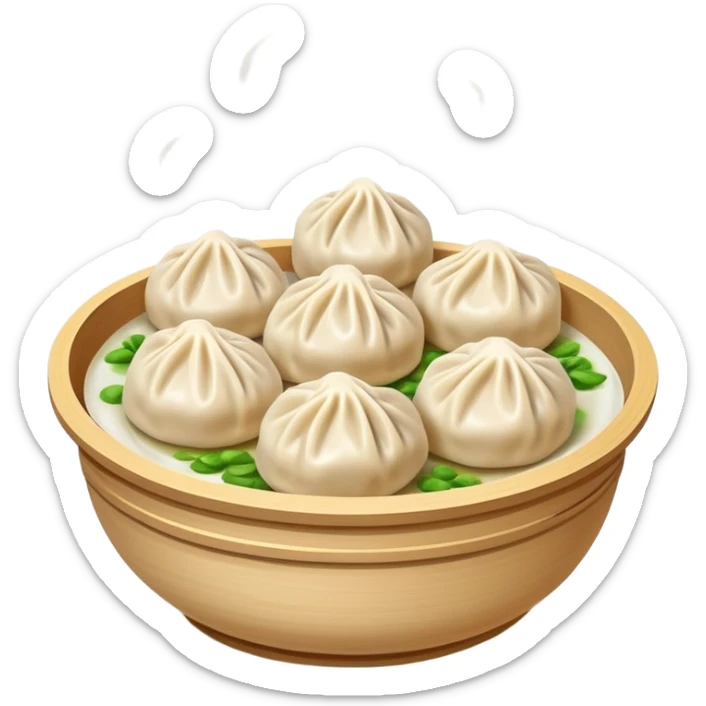 Hangzhou Xiaolongbao steamed soup dumplings with steam rising, simplified emoji style with bold outlines and bright colors, cartoon style Zhejiang specialty sticker