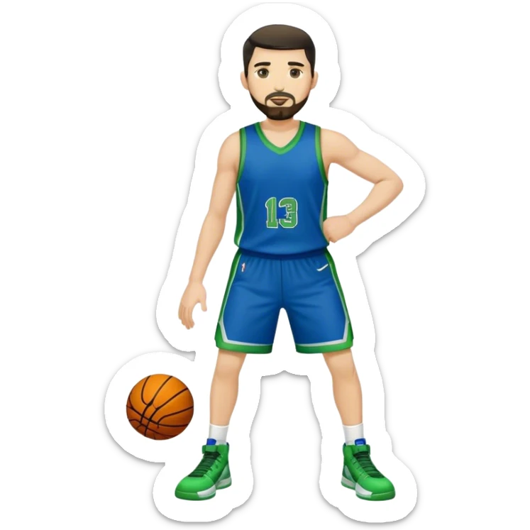 Full Body  white male basketball player with short dark hair and gold tee beard wearing blue and green uniform sticker