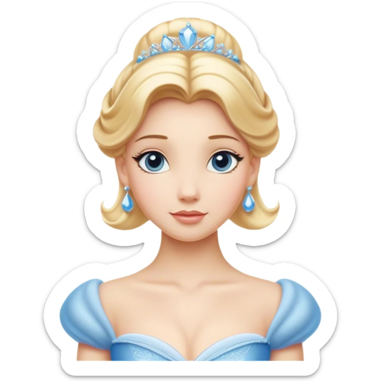 Cinematic Elegant Cinderella Portrait Emoji, rendered in a beautifully detailed, vector-style with minimal shading and bold, simplified shapes. Depict Cinderella in her classic ball gown (chest and above) with fair, porcelain skin and elegantly styled blonde hair, her eyes soft and kind, and her expression serene and graceful. The design glows with a gentle, enchanting radiance and high shine, capturing the timeless beauty of a fairy tale princess. sticker