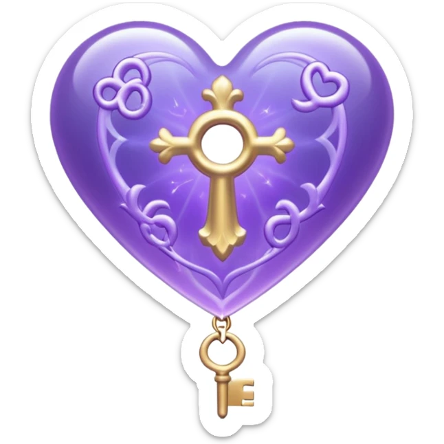 Purple ethereal occult heart floating, glowing key-like sigil at its center, veil-like mist, liminal mystical aesthetic sticker