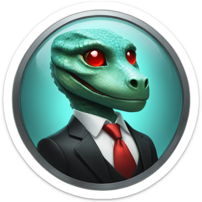 Aquamarine reptilian in classic black suite with red laser eyes on the platinum coin sticker