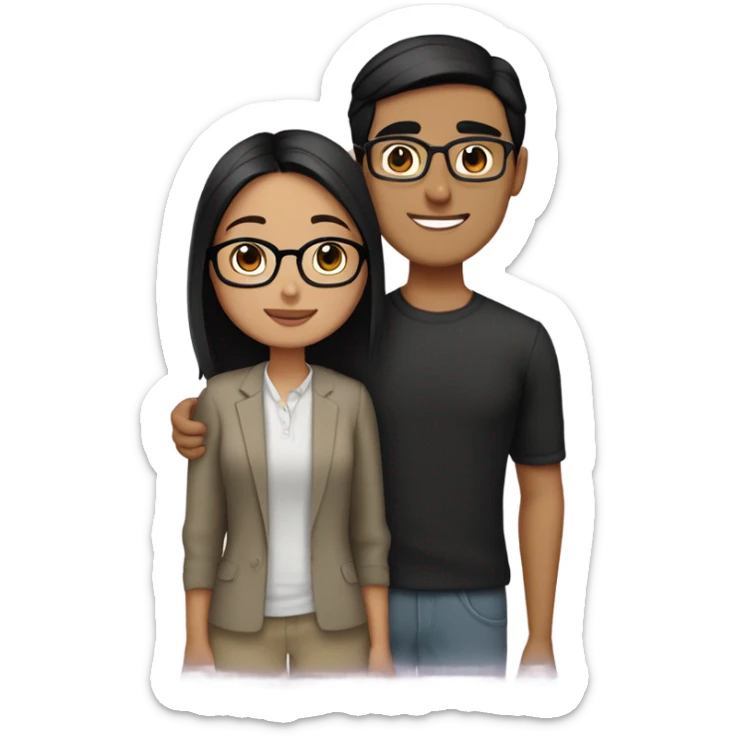 An Pakistani Asian girl with glasses and dark brown eyes and mid length black hair hugging a Pakistani guy who is the same height as her who also wears glasses with dark brown eyes with black hair that is slicked back sticker