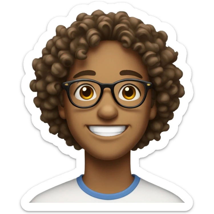 college student, fair skin, round glasses, big smile, curly hair sticker