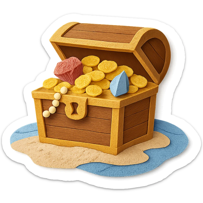 illustration of a treasure chest overflowing with gold coins and jewels on a sandy beach, paper-craft style sticker