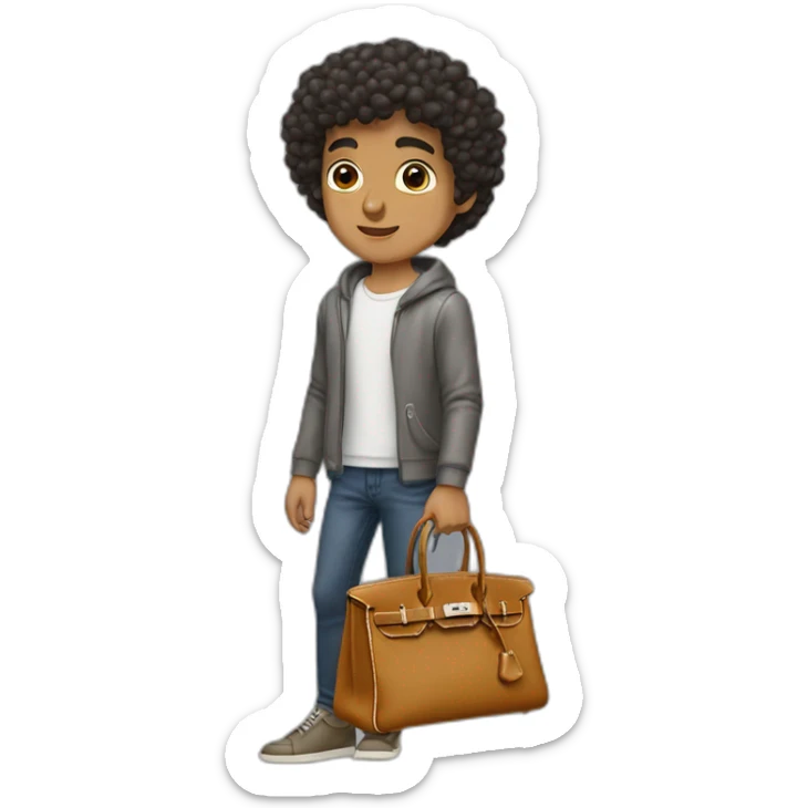 Handsome skinny latino with short curly hairs wearing a grey hermes Birkin bag sticker